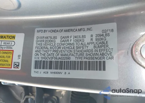 2018 Honda Accord Ex-L 2.0T from USA, damaged, VIN 1HGCV2F59JA022590